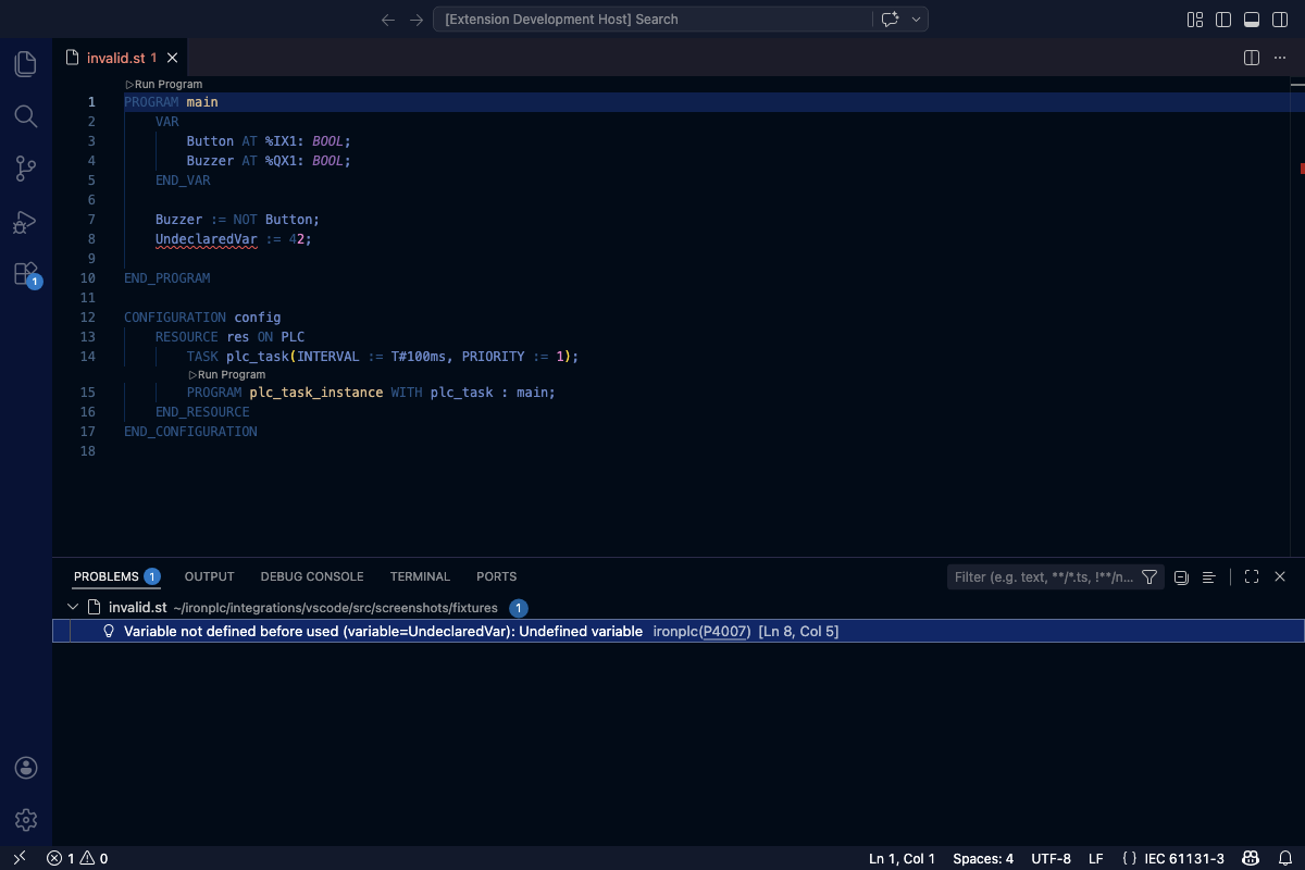 VS Code Problems panel listing IronPLC diagnostic errors with problem codes