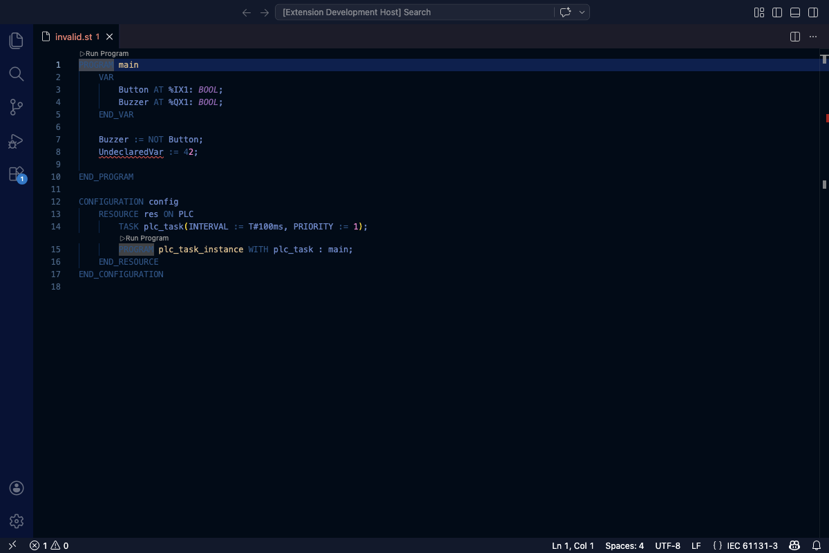 VS Code editor showing red and yellow diagnostic squiggles on invalid Structured Text code