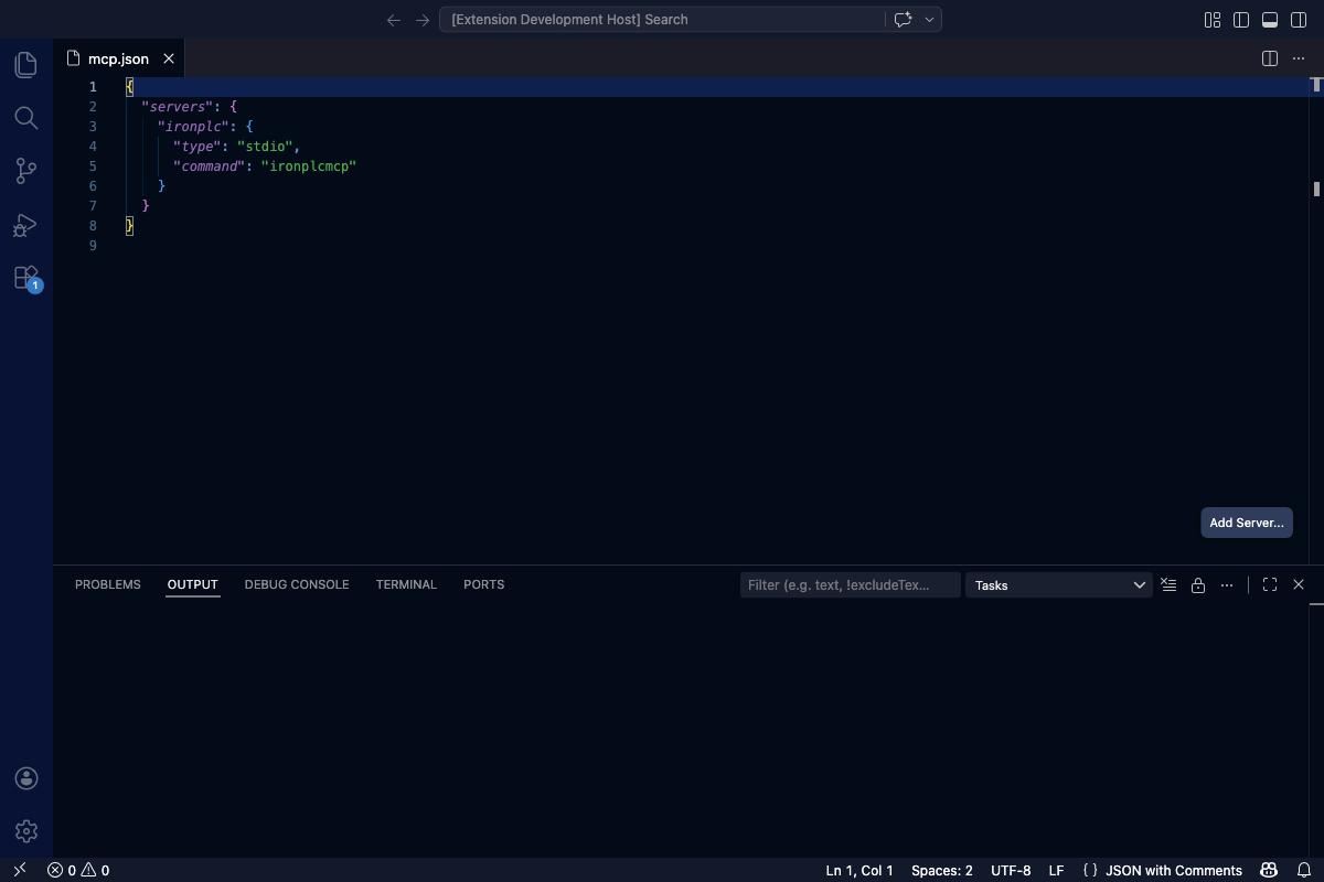 VS Code editor showing an MCP configuration file with the IronPLC server entry