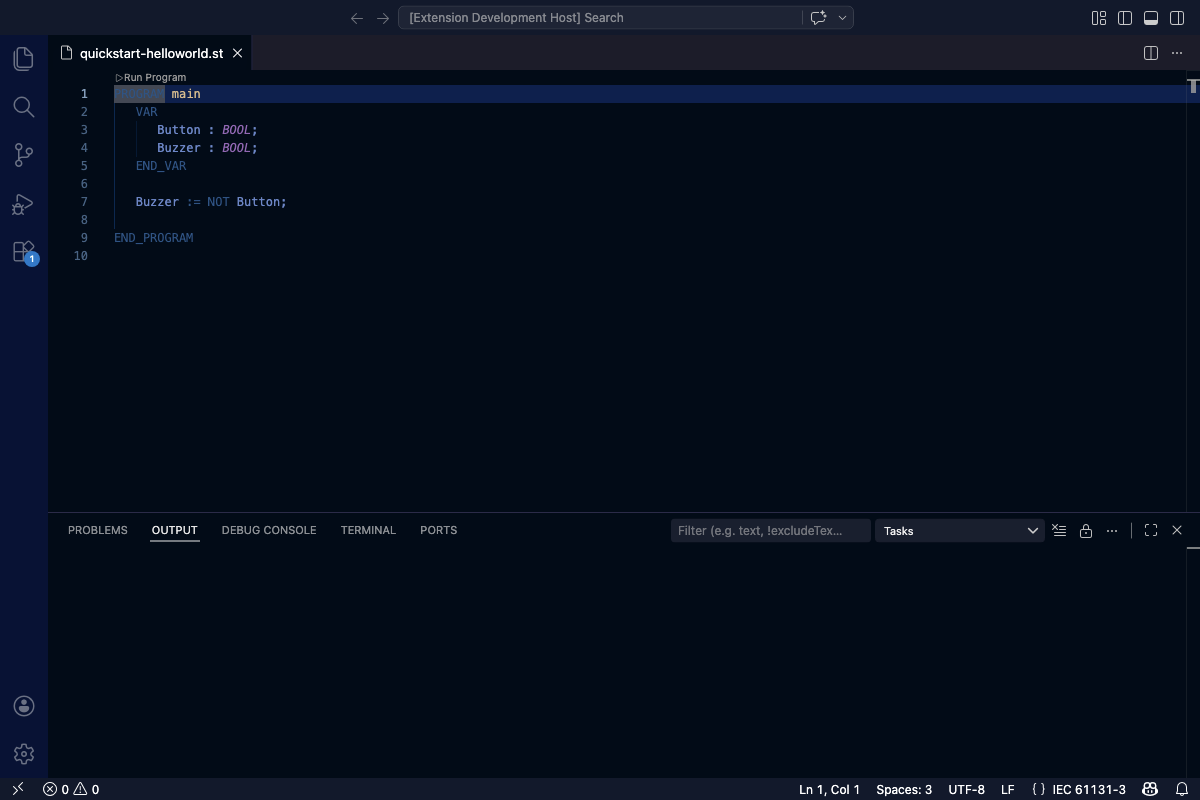 VS Code editor showing the doorbell program in main.st with syntax highlighting and no errors