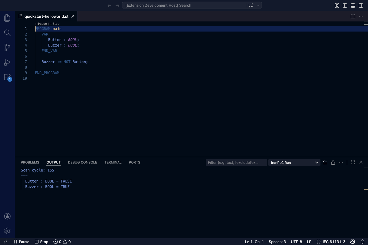VS Code editor showing the Run Program code lens and the IronPLC Run output panel with scan cycle results