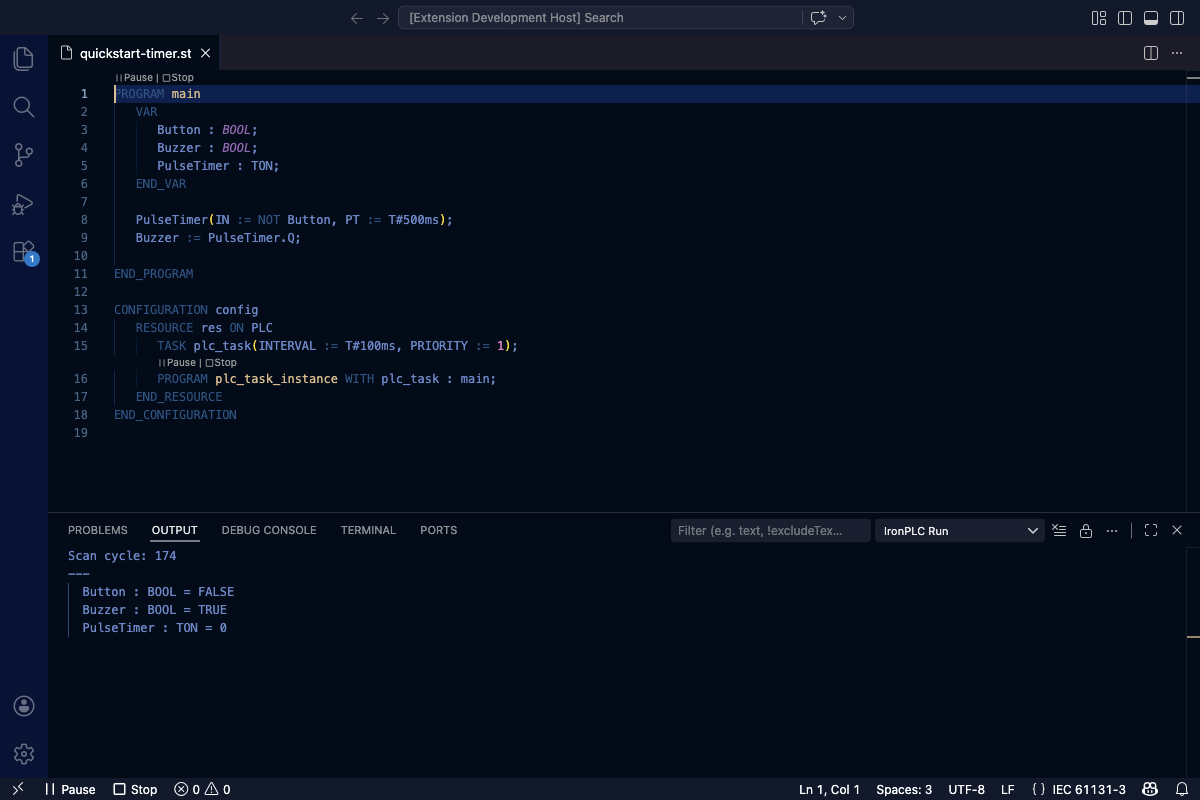 VS Code IronPLC Run panel showing timer variables including PulseTimer.Q and PulseTimer.ET