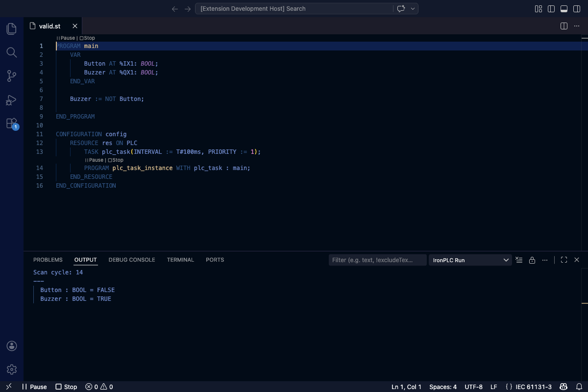 VS Code editor showing Stop and Pause code lenses while a program is running