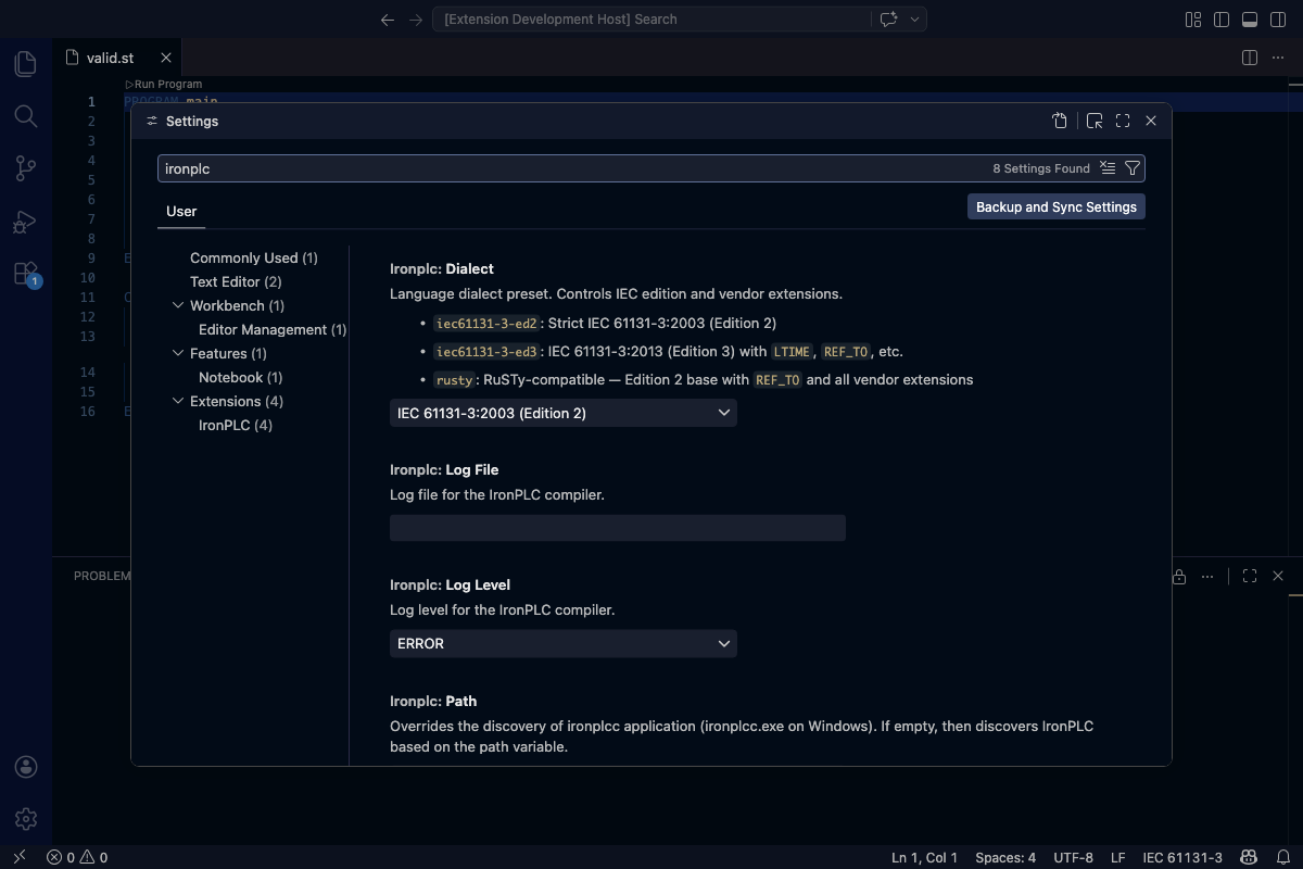 VS Code settings panel filtered to show IronPLC extension settings