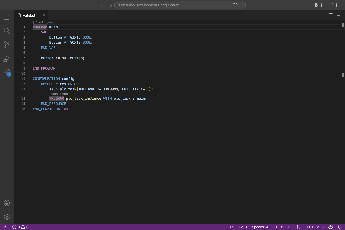 VS Code showing an IEC 61131-3 Structured Text file with syntax highlighting